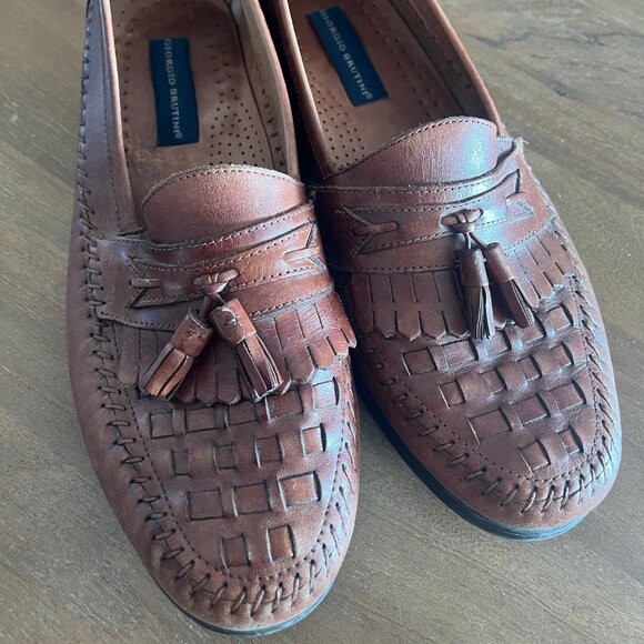 Giorgio Brutini Men’s Brown Leather Weaved Tassel Loafers Size 11 D Made Brazil - Picture 1 of 9
